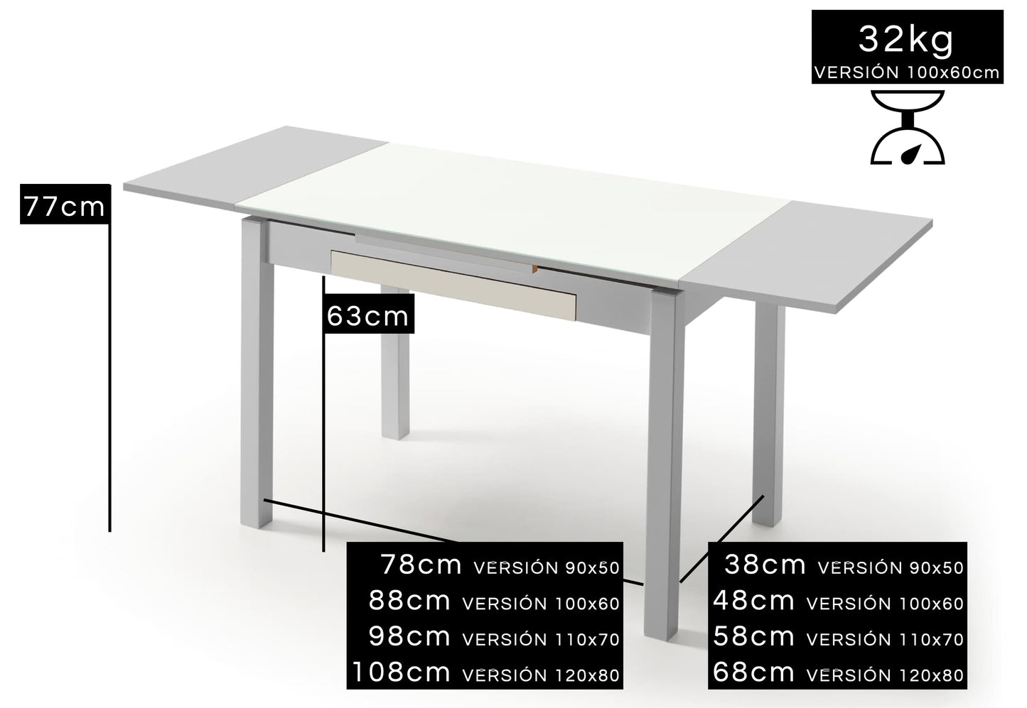 Mesa Cristal extensible con cajón Berlín - Vaulán