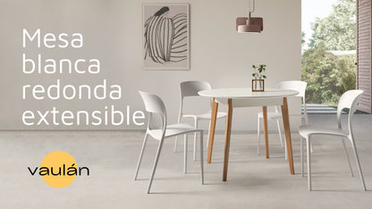 Mesa blanca extensible redonda 90cm con patas de madera